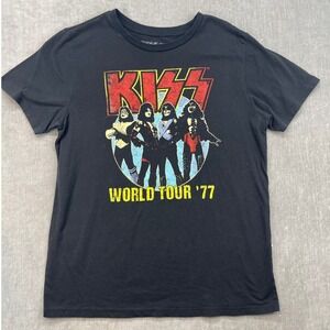 KISS World Tour 77 Mens Large Black Graphic T-Shirt Rock Band Tee